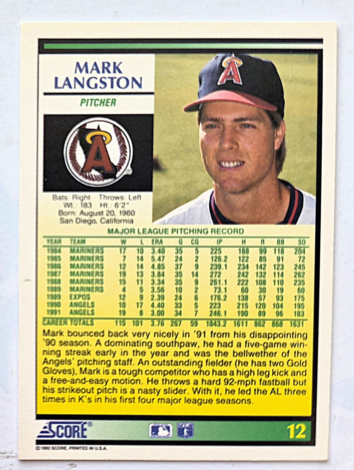 Scott Bailes California Angels Relief Pitcher 1992 Score #331 Baseballkarte (Exzellent)