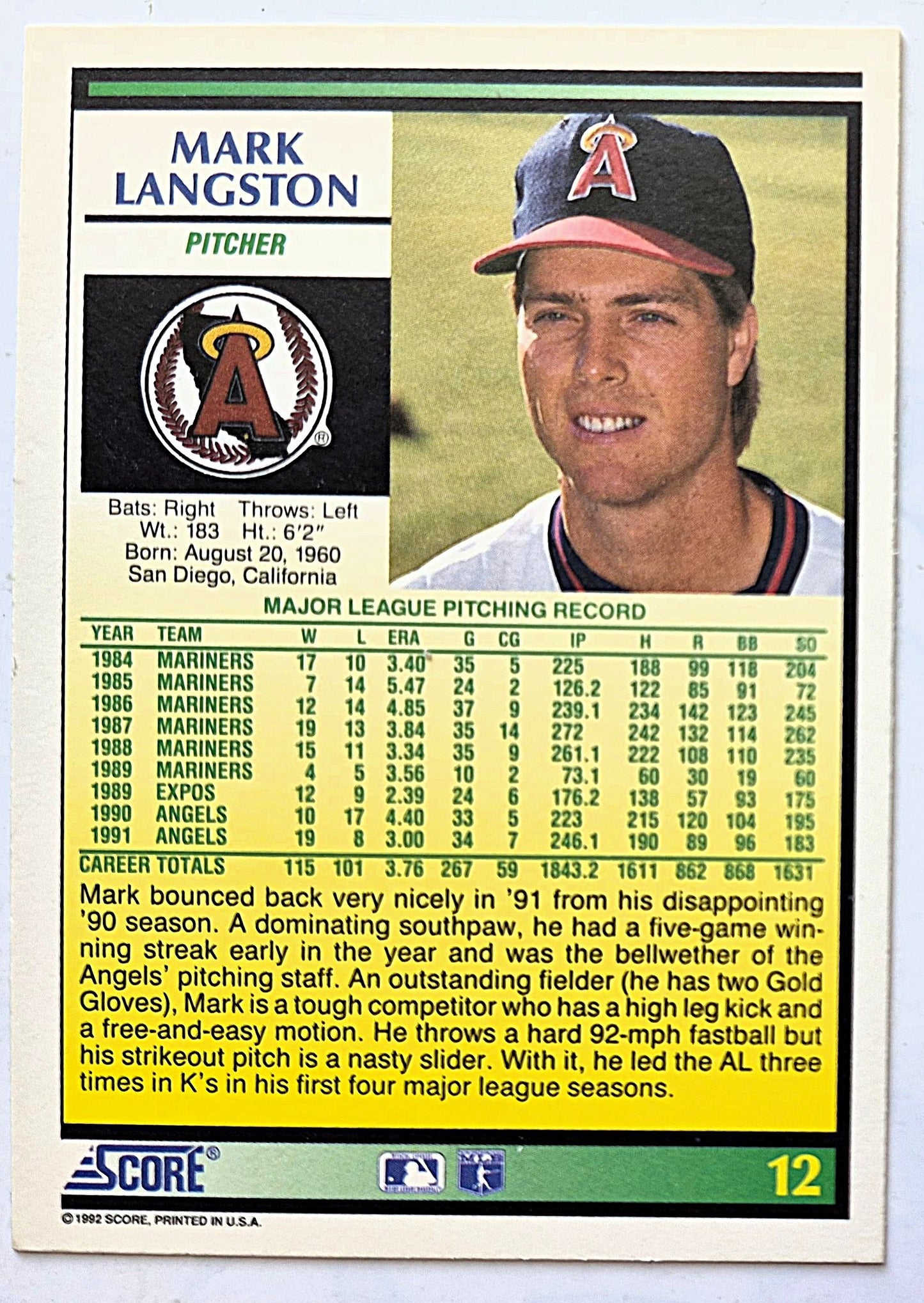 Scott Bailes California Angels Relief Pitcher 1992 Score #331 Baseballkarte (Exzellent)