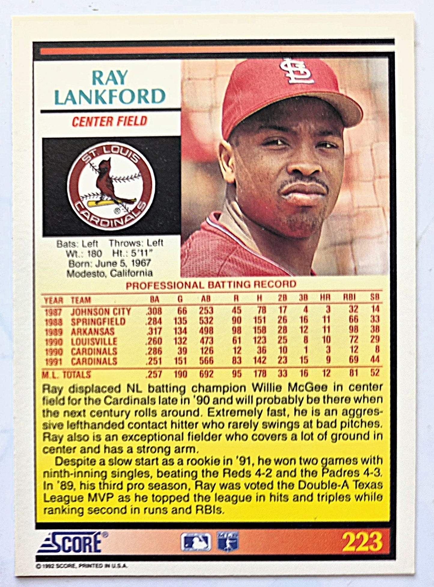Lankford Ray St. Louis Cardinals Center Field #223 Score '92 Baseball Card