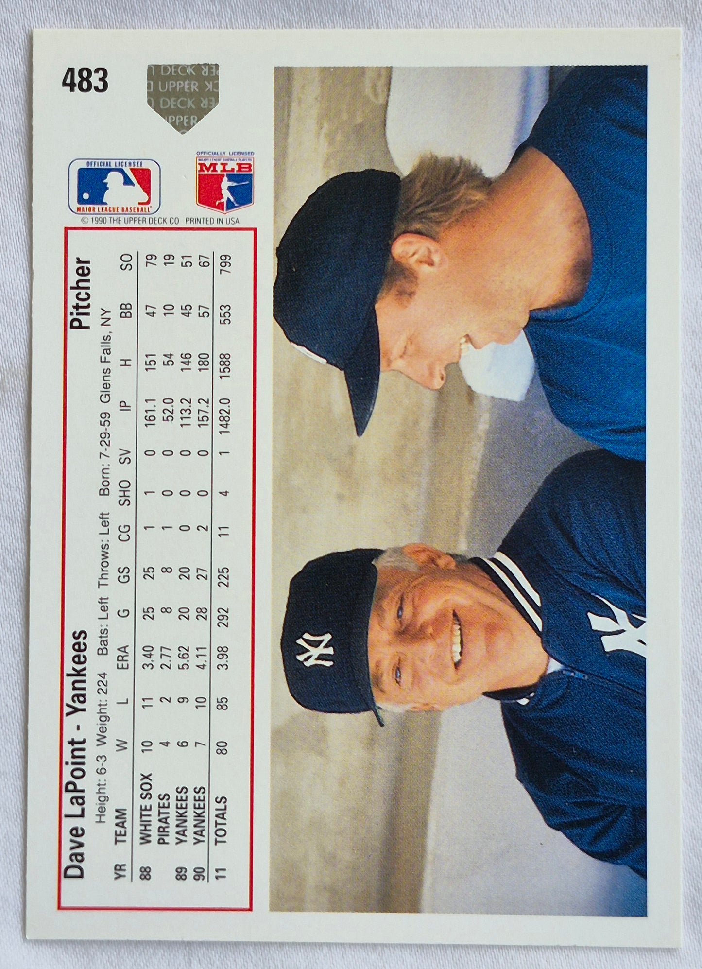 LaPoint Dave New York Yankees Pitcher #483 Upper Deck 1991 Baseball Card