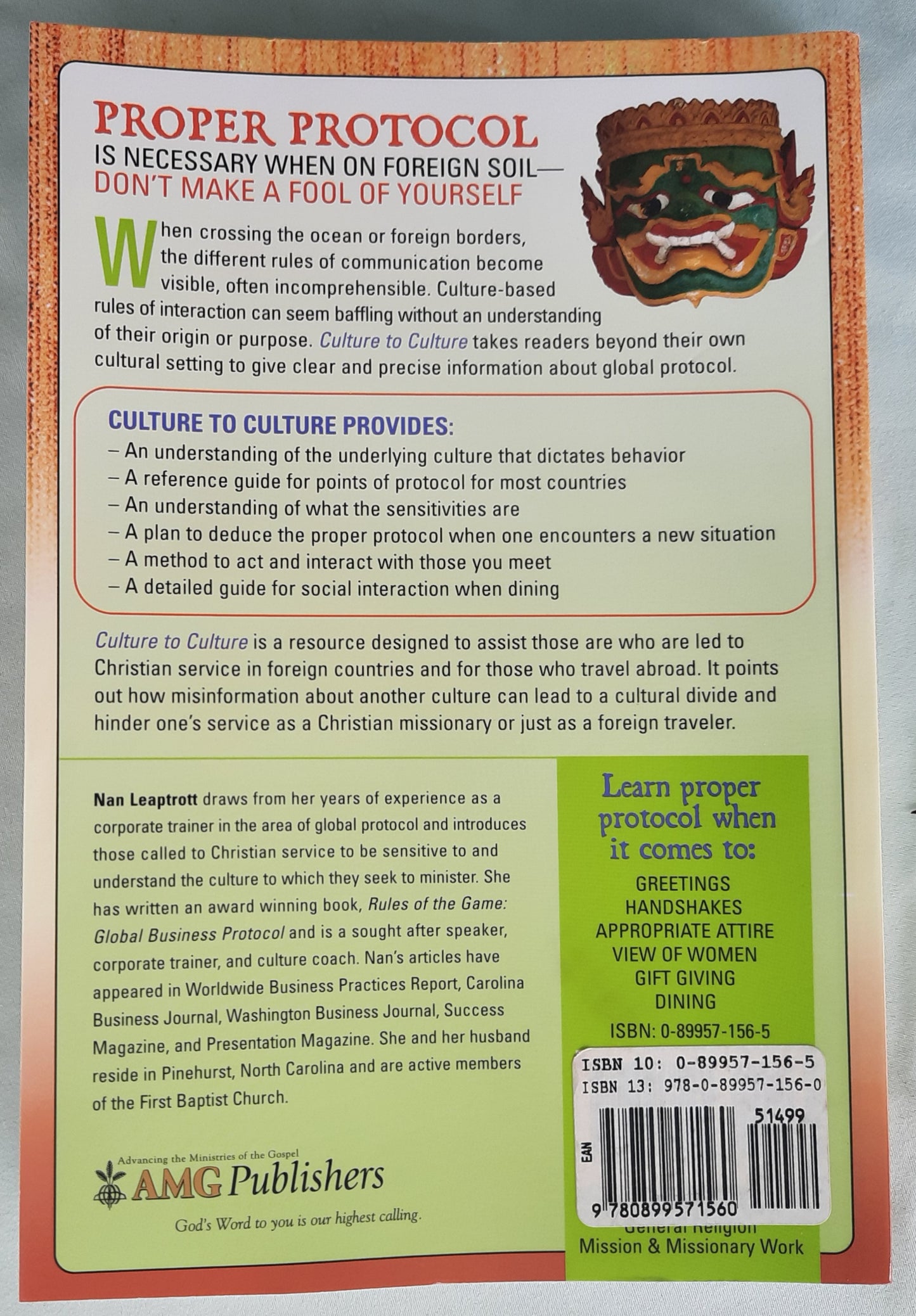 Culture to Culture: Mission Trip Do's and Don'ts by Nan Leaptrott (Very good, 2005, Pbk, 322 pages, AMG Publishers)