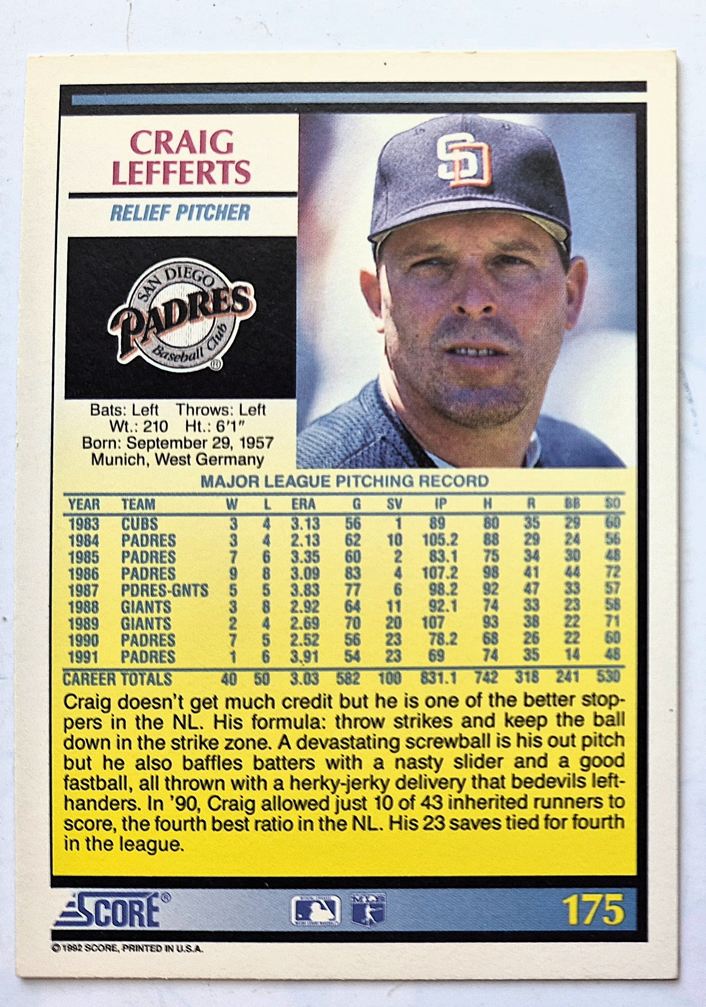 Lefferts Craig San Diego Padres Relief Pitcher #175 Score '92 Baseball Card