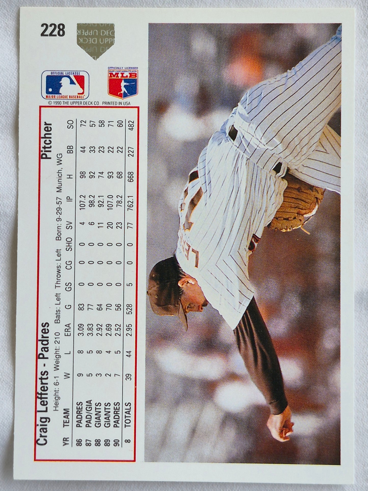 Lefferts Craig San Diego Padres Pitcher #228 Upper Deck 1991 Baseball Card