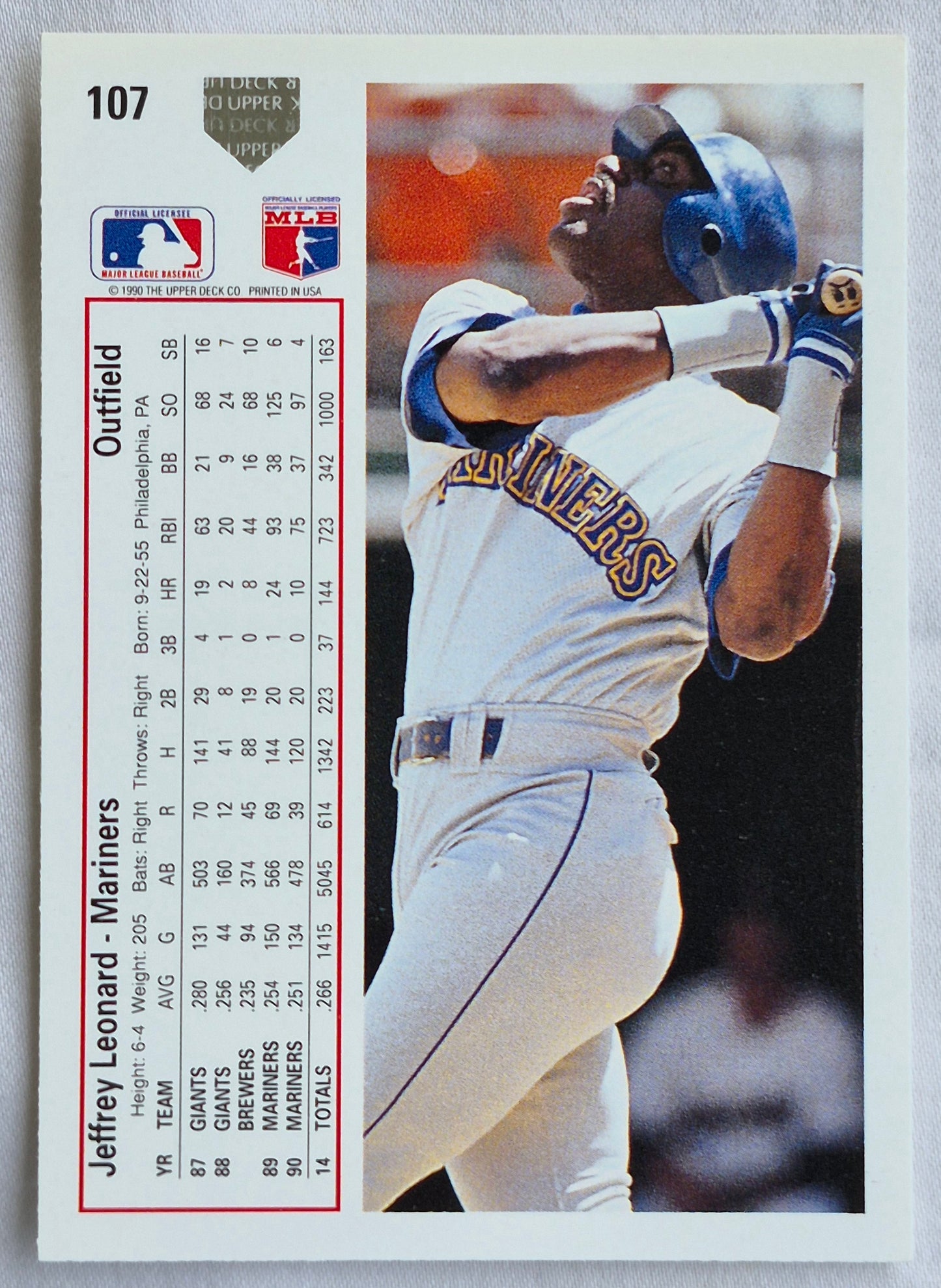 Leonard Jeffrey Seattle Mariners Outfield #107 Upper Deck 1991 Baseball Card