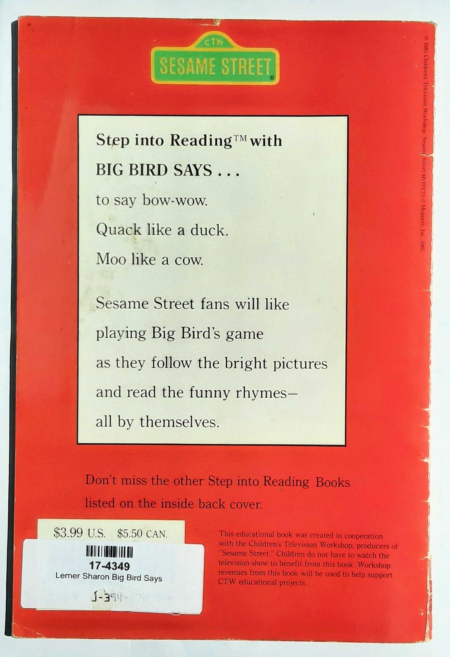 Big Bird Says...A Game to Read and Play by Sharon Lerner (Step Into Reading 1, Good, 1985, Pbk, 32 pages, Random House)