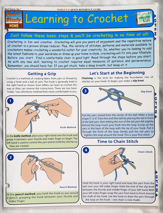 Learning to Crochet Quick Reference Guide (Like New, 2005, Laminated Pbk, 6 pages, Lion Brand)