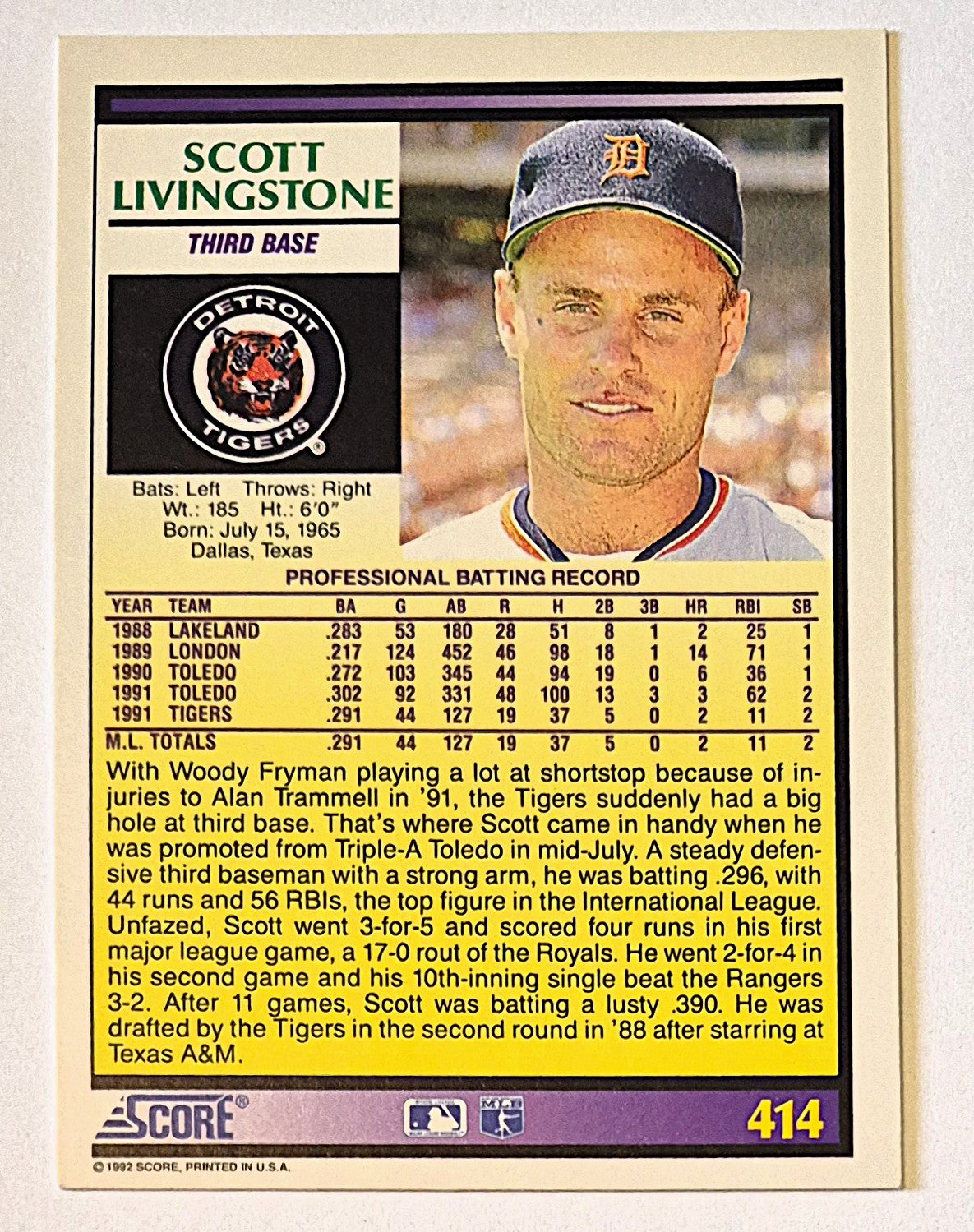 Livingston Scott Detroit Tigers Third Base #414 Rookie Prospect Score '92 Baseball Card
