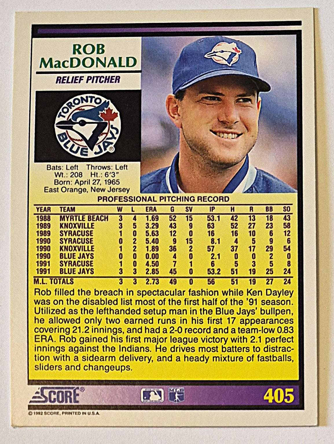 MacDonald Rob Toronto Blue Jays Relief Pitcher #405 Rookie Prospect Score '92 Baseball Card