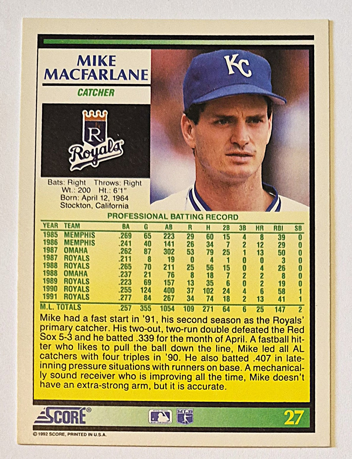 MacFarlane Mike Kansas City Royals Catcher #27 Score '92 Baseball Card