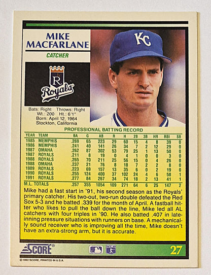 MacFarlane Mike Kansas City Royals Catcher #27 Score '92 Baseball Card