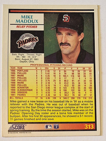 Maddux Mike San Diego Padres Relief Pitcher #313 Score '92 Baseball Card
