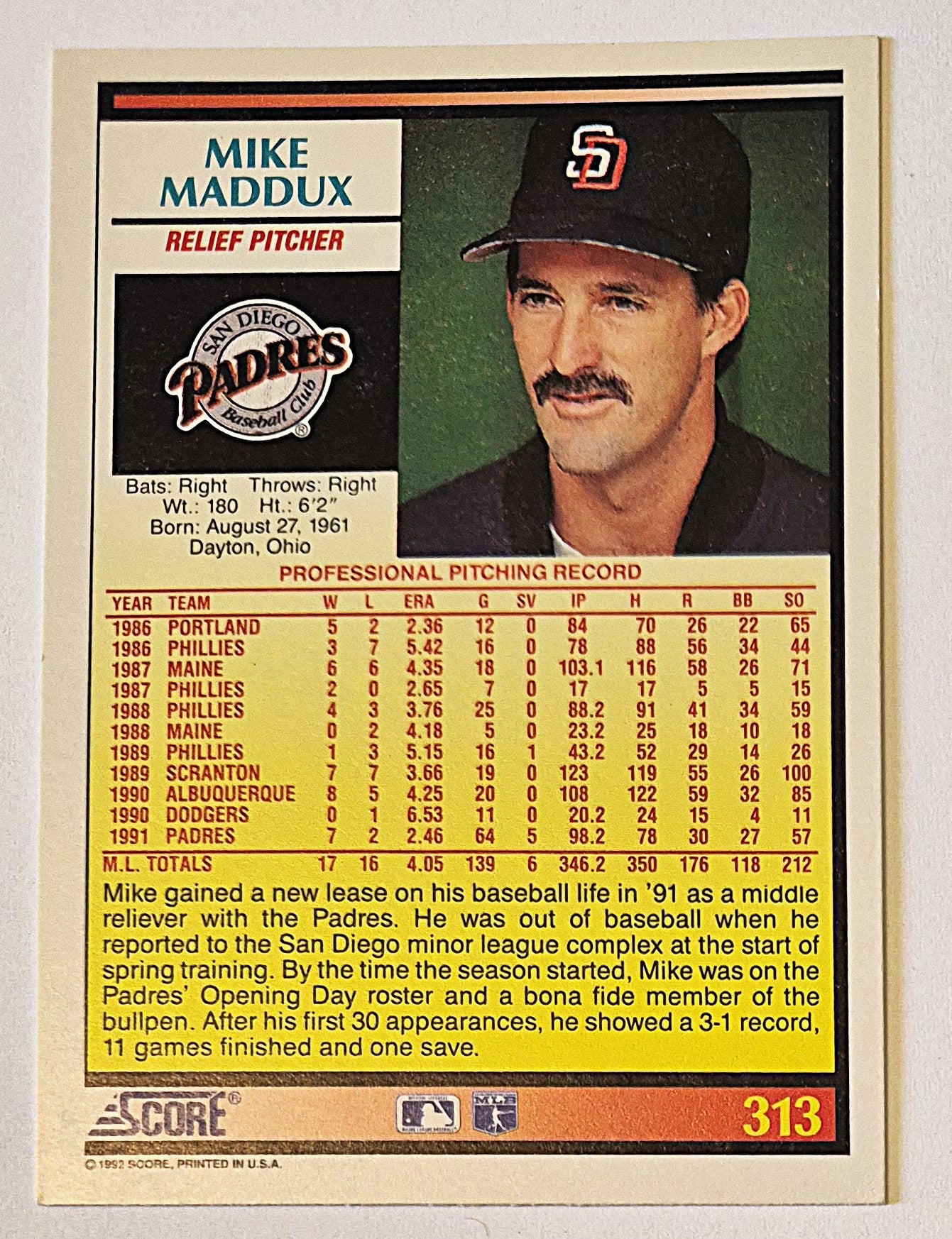 Maddux Mike San Diego Padres Relief Pitcher #313 Score '92 Baseball Card