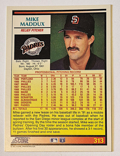 Maddux Mike San Diego Padres Relief Pitcher #313 Score '92 Baseball Card