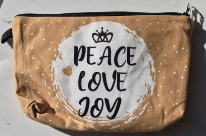 Toiletry Bag "Peace, Love, Joy" New w/o tags; Tan, White & Black, 100% polyester