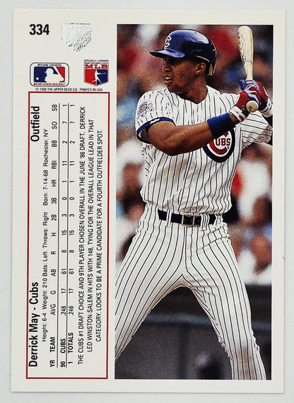 Tarjeta de béisbol de May Derrick Chicago Cubs Outfield #334 Upper Deck 1991