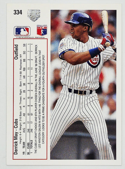 Tarjeta de béisbol de May Derrick Chicago Cubs Outfield #334 Upper Deck 1991
