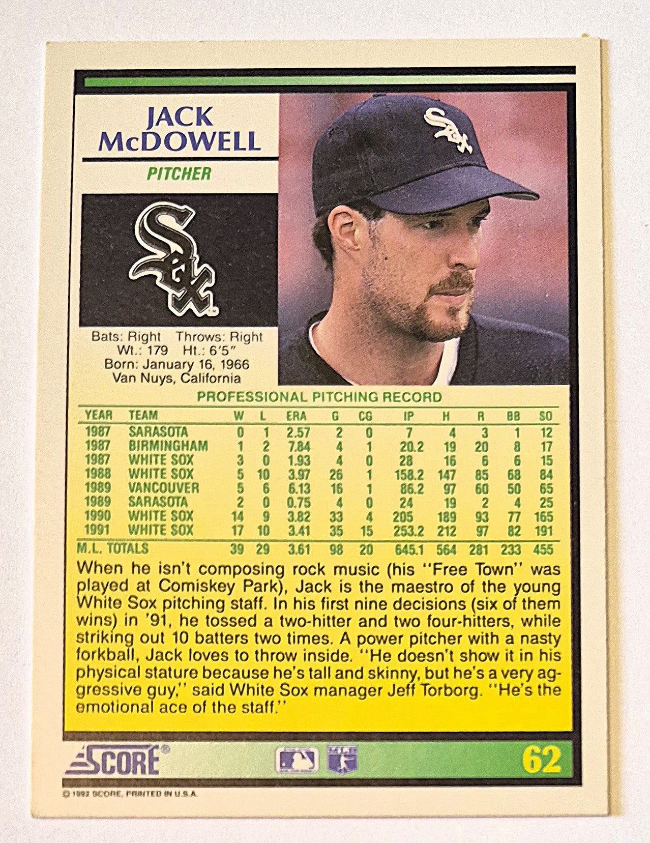 McDowell Jack Chicago White Sox Pitcher #62 Score '92 Baseball Card