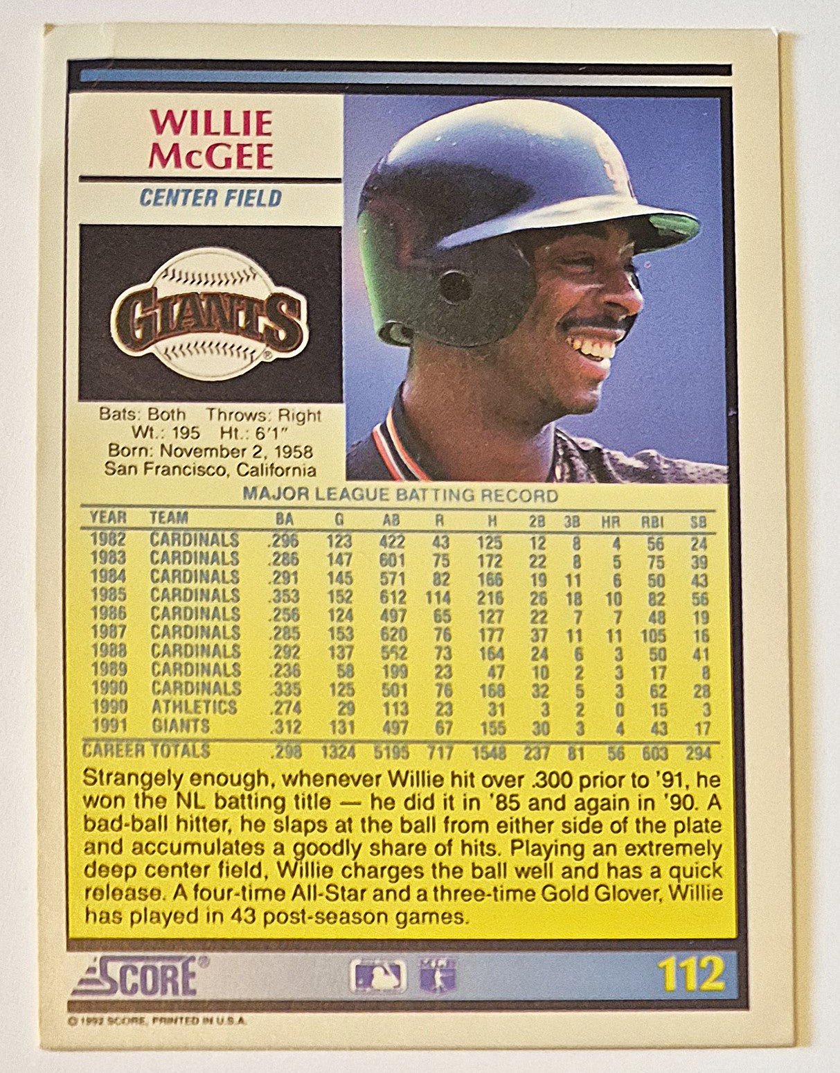 McGee Willie San Francisco Giants Center Field #112 Score '92 Baseball Card