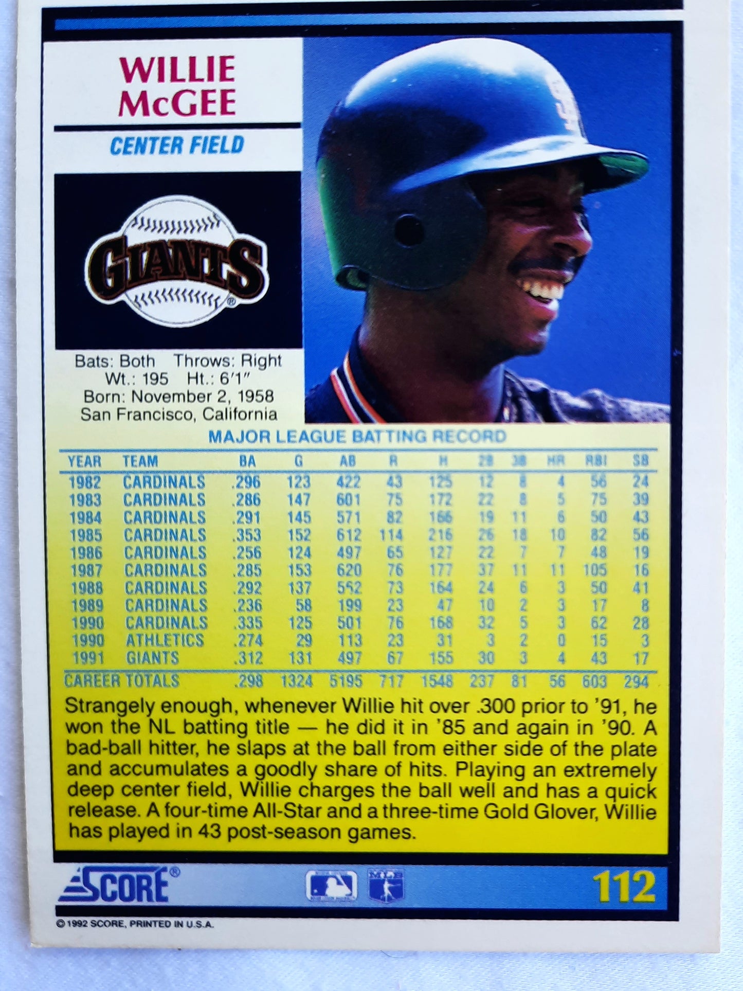 Score '92 Willie McGee San Francisco Giants Center Field #112 Baseball Card Near Mint