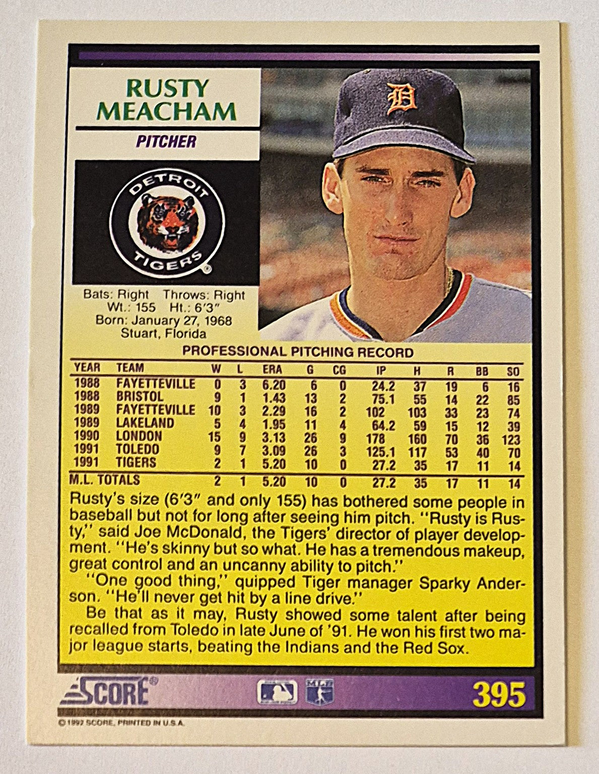 Meacham Rusty Detroit Tigers Pitcher #395 Rookie Prospect Score '92 Baseball Card