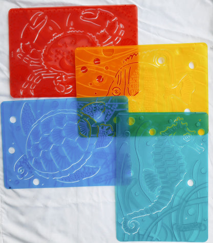 Melissa and Doug SET 4 Sea Creatures Textured Stencils/Rubbing Plates: Seahorse, Mud Crab, Sea Turtle, Butterfly Fish