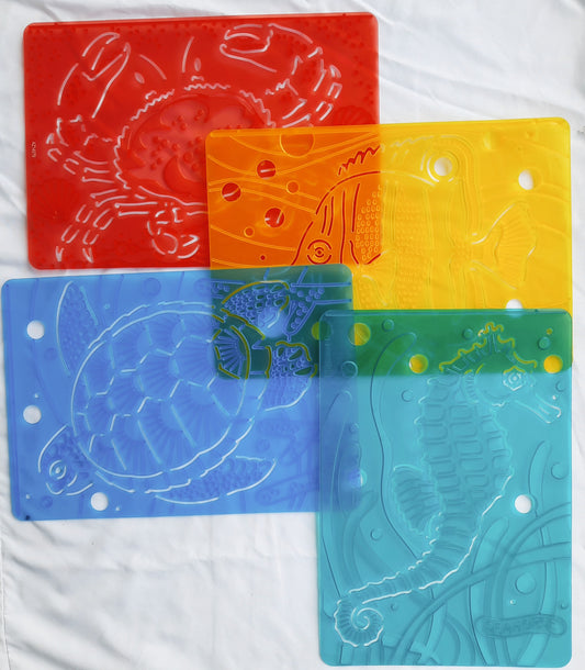 Melissa and Doug SET 4 Sea Creatures Textured Stencils/Rubbing Plates: Seahorse, Mud Crab, Sea Turtle, Butterfly Fish