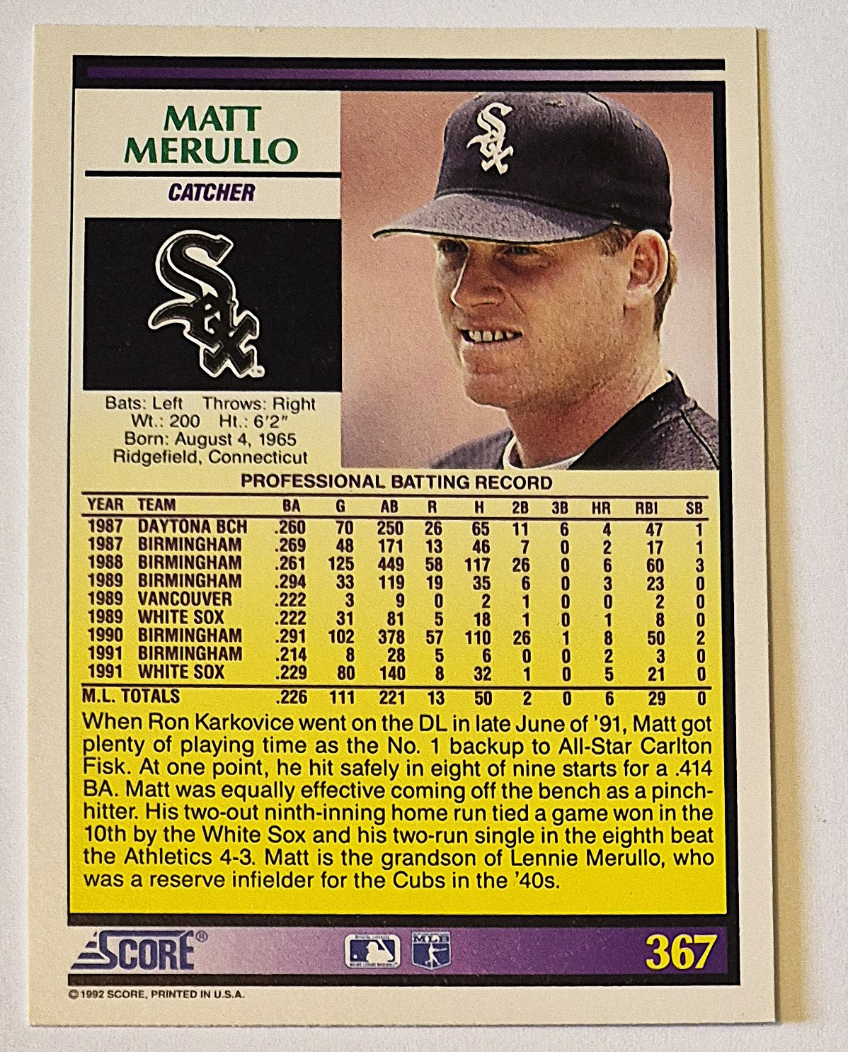 Merullo Matt Chicago White Sox Catcher #367 Score '92 Baseball Card