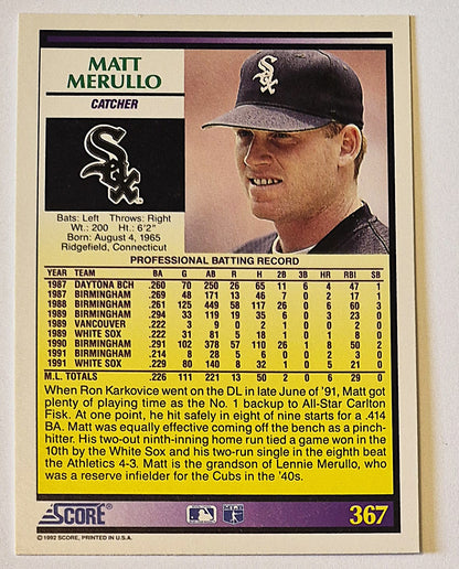 Merullo Matt Chicago White Sox Catcher #367 Score '92 Baseball Card