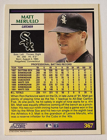 Merullo Matt Chicago White Sox Catcher #367 Score '92 Baseball Card