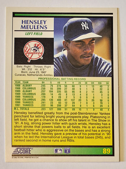Meulens Hensley New York Yankees Left Field #89 Score '92 Baseball Card