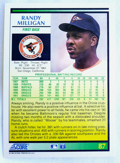 Score '92 Randy Milligan Baltimore Orioles First Base #87 Baseball Card Near Mint