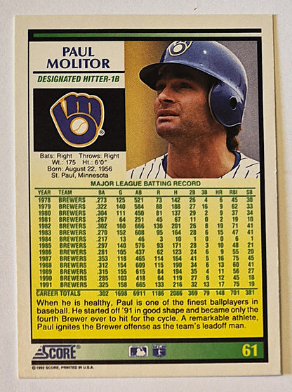 Molitor Paul Seattle Mariners Designated Hitter-1B #61 Score '92 Baseball Card
