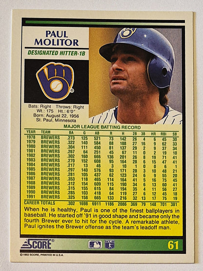 Molitor Paul Seattle Mariners Designated Hitter-1B #61 Score '92 Baseball Card