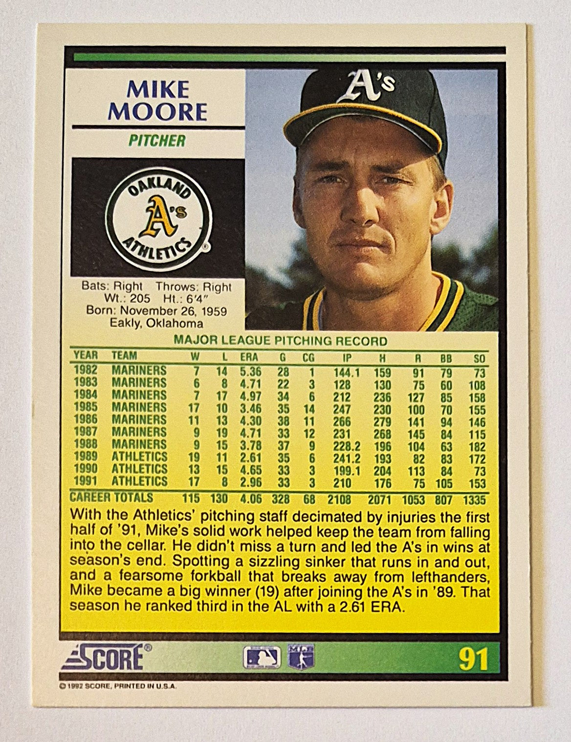 Moore Mike Oakland Athletics Pitcher #91 Score '92 Baseball Card