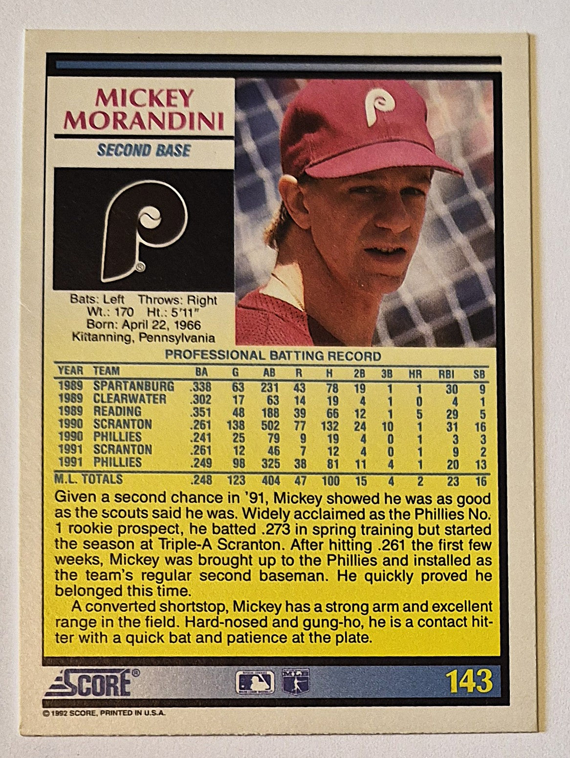 Morandini Mickey Philadelpha Phillies Second Base #143 Score '92 Baseball Card