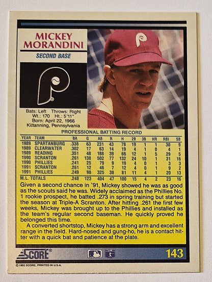 Morandini Mickey Philadelpha Phillies Second Base #143 Score '92 Baseball Card