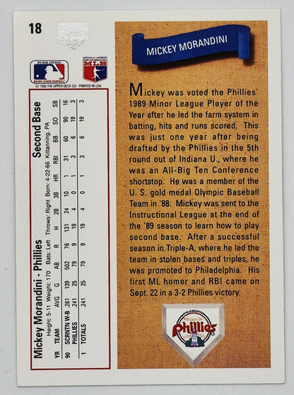 Morandini Mickey Phillies 2da base #18 Novato Estrella Upper Deck 1991 Tarjeta de Béisbol