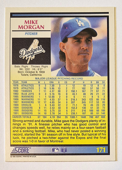 Morgan Mike Los Angeles Dodgers Pitcher #171 Score '92 Baseball Card