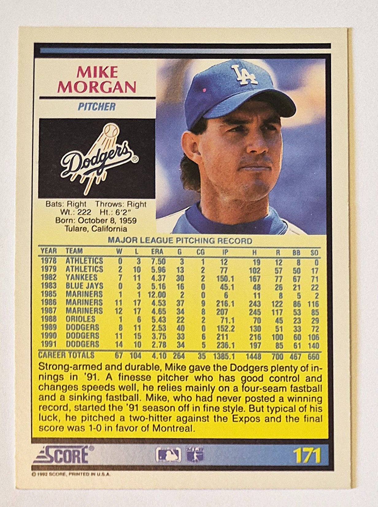 Morgan Mike Los Angeles Dodgers Pitcher #171 Score '92 Baseball Card