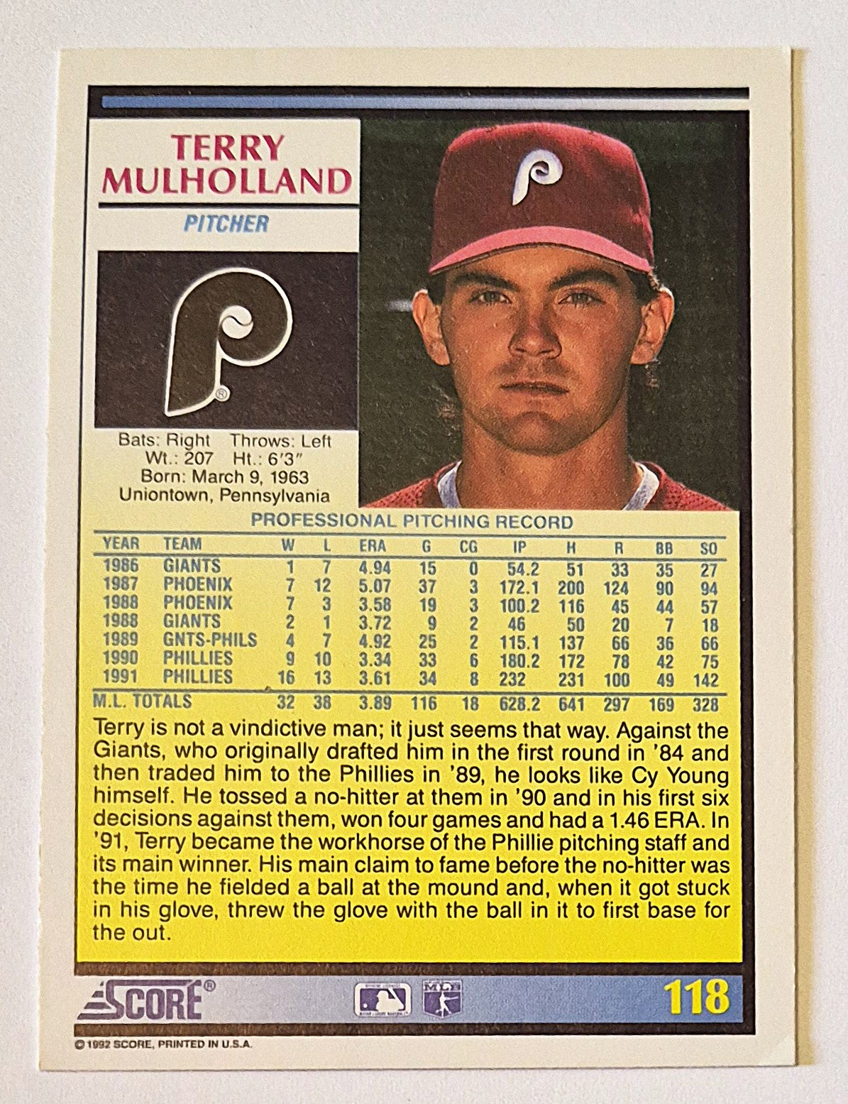 Mulholland Terry Philadelphia Phillies Pitcher #118 Score '92 Baseball Card