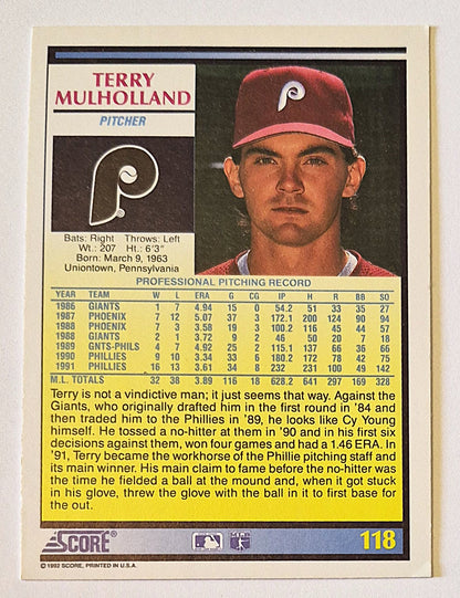 Mulholland Terry Philadelphia Phillies Pitcher #118 Score '92 Baseball Card