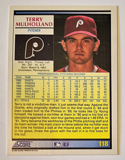 Mulholland Terry Philadelphia Phillies Pitcher #118 Score '92 Baseball Card