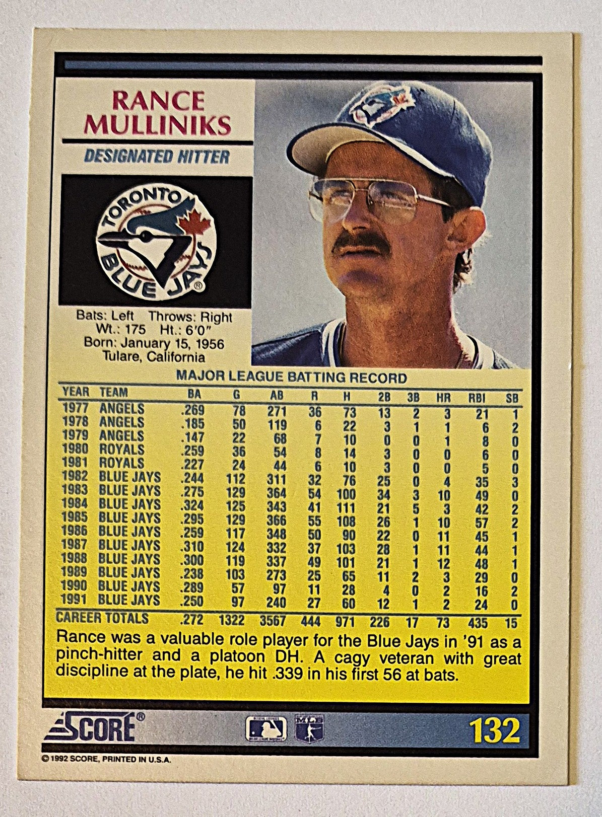 Mulliniks Randy Toronto Blue Jays Designated Hitter #132 Score '92 Baseball Card