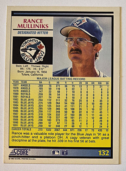 Mulliniks Randy Toronto Blue Jays Designated Hitter #132 Score '92 Baseball Card