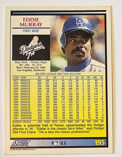 Murray Eddie Los Angeles Dodgers First Base #195 Score '92 Baseball Card