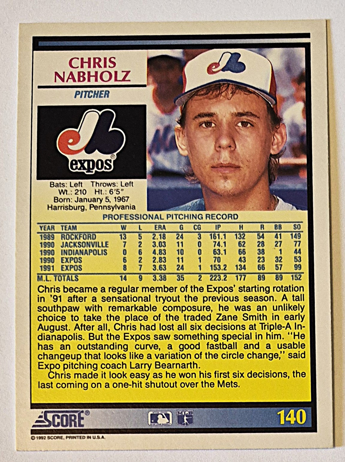 Nabholz Chris Montreal Expos Pitcher #140 Score '92 Baseball Card