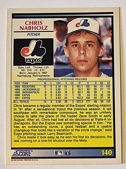 Nabholz Chris Montreal Expos Pitcher #140 Score '92 Baseball Card