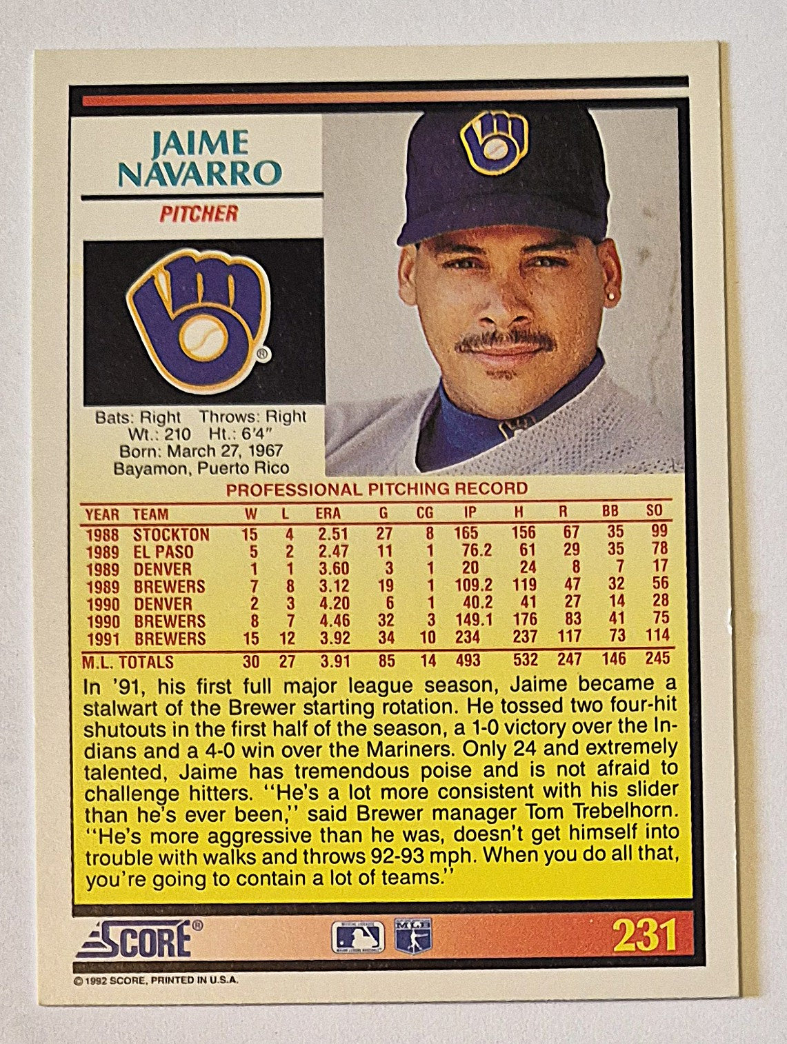 Navarro Jaime Seattle Mariners Pitcher #231 Score '92 Baseball Card