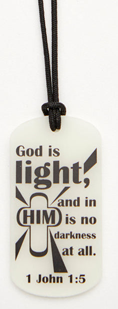 Light Shines Glow in the Dark ID Tag Necklace (New, 2017, 1" x2" tag on 30" black cord)