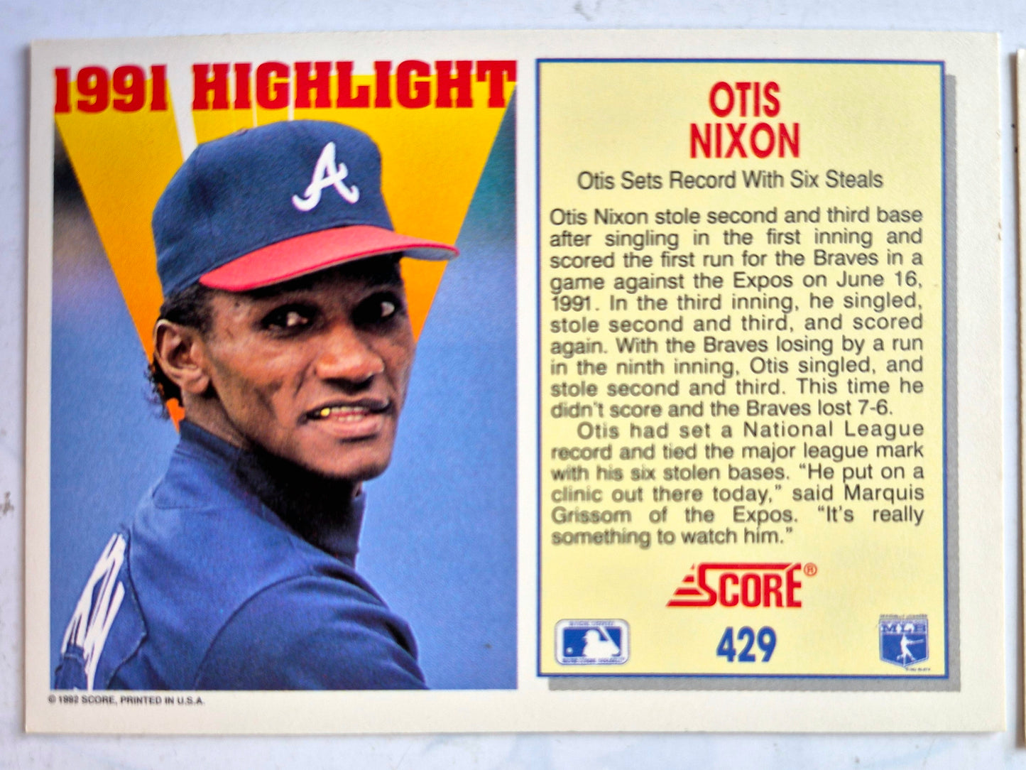 1991 Highlight Otis Nixon NL Single Game Stolen Base Leader #429 Score '92 Baseball Card
